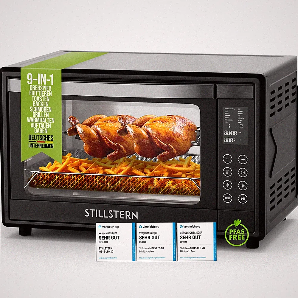 Minibackofen mit Umluft 45L Drehspieß Doppelglastür Mini Backofen Pizzaofen