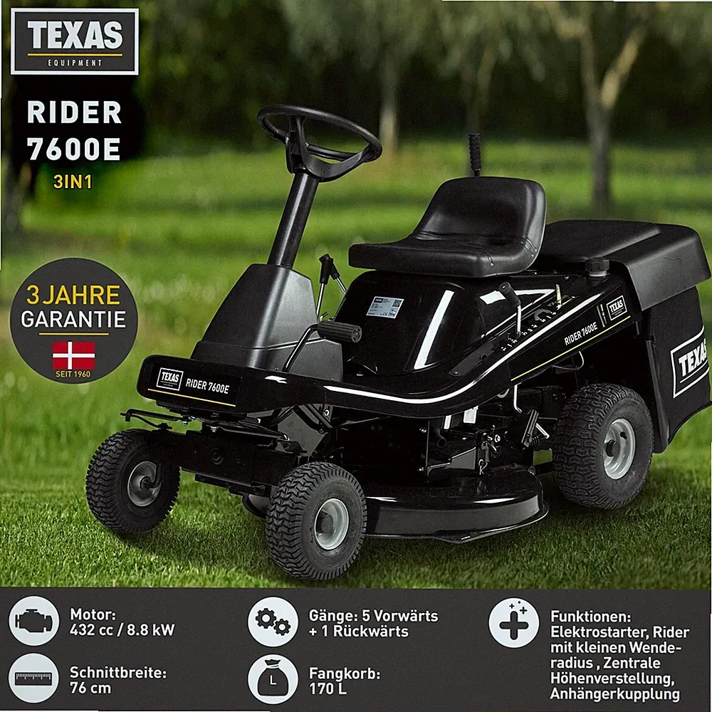 TEXAS Aufsitzmäher Aufsitzrasenmäher Rasentraktor Rider 7600E 432cm³ 12PS 76cm