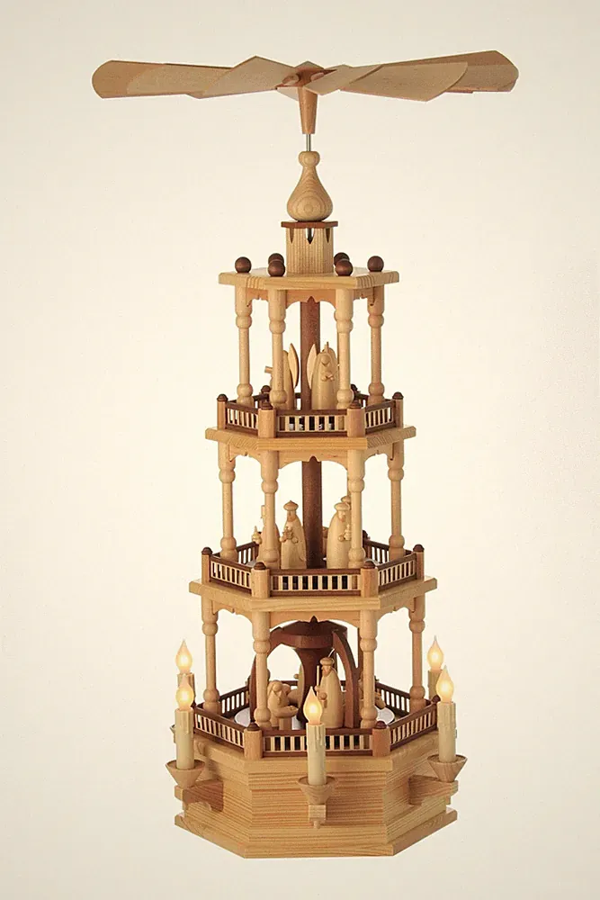 Weihnachtspyramide dreistöckig Naturholz Christi Geburt elektrisch 37x73x37 cm