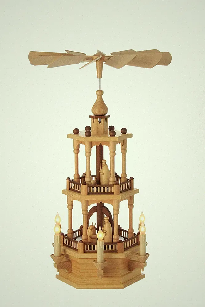 Weihnachtspyramide zweistöckig Naturholz Christi Geburt elektrisch 37x57x37 cm